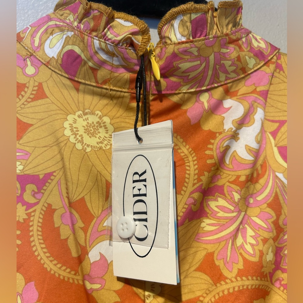 NWT CIDER orange yellow retro floral long sleeve ruffle hem mini dress - Picture 4 of 9